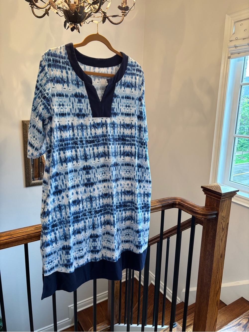 Cuddle Duds Blue Tie-Dye Tunic with Navy Trim and V-neck